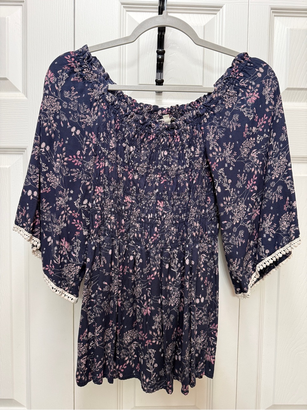 Smocked Off-Shoulder Floral Blouse in Navy and Pink